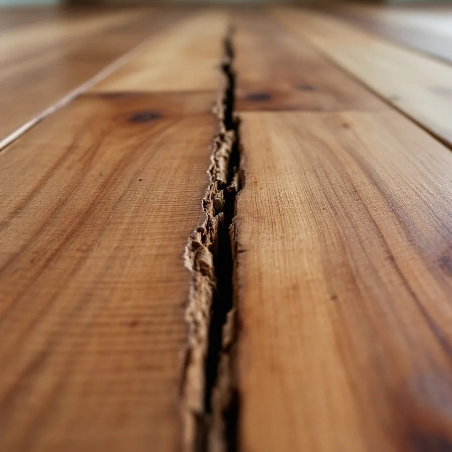 Hardwood floor with wide gaps opened between dry boards and a split running along one plank in winter light
