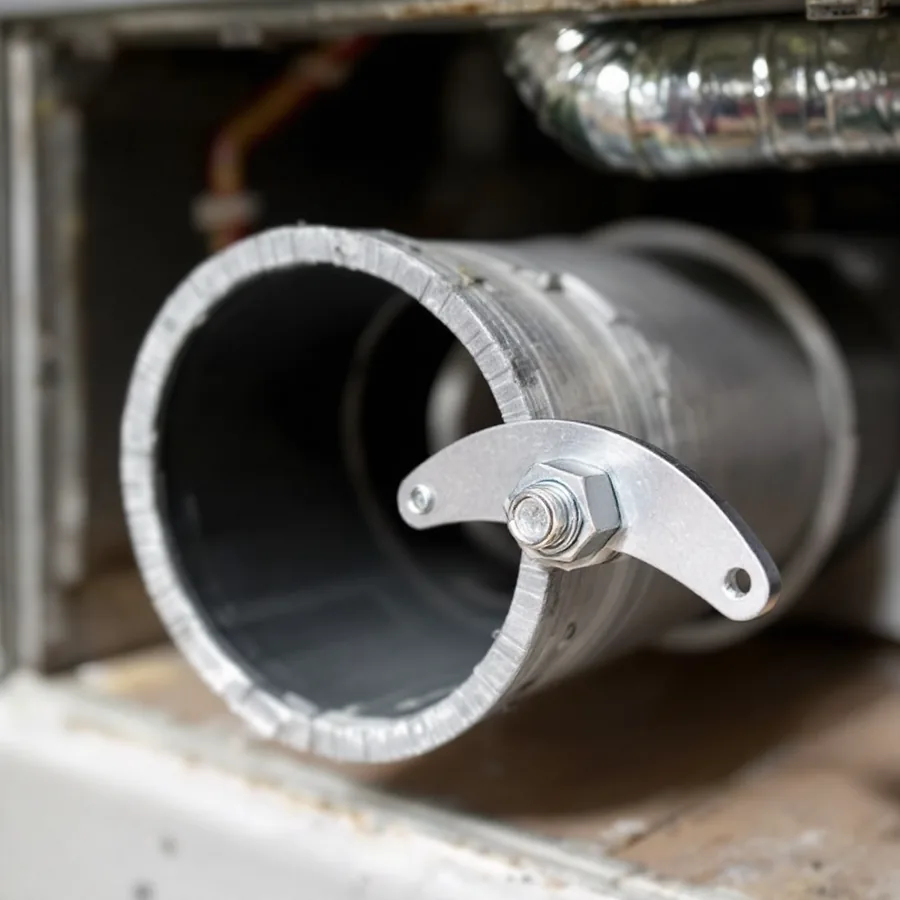Small round galvanised duct collar with a manual damper and a flat quadrant handle beside a basement furnace