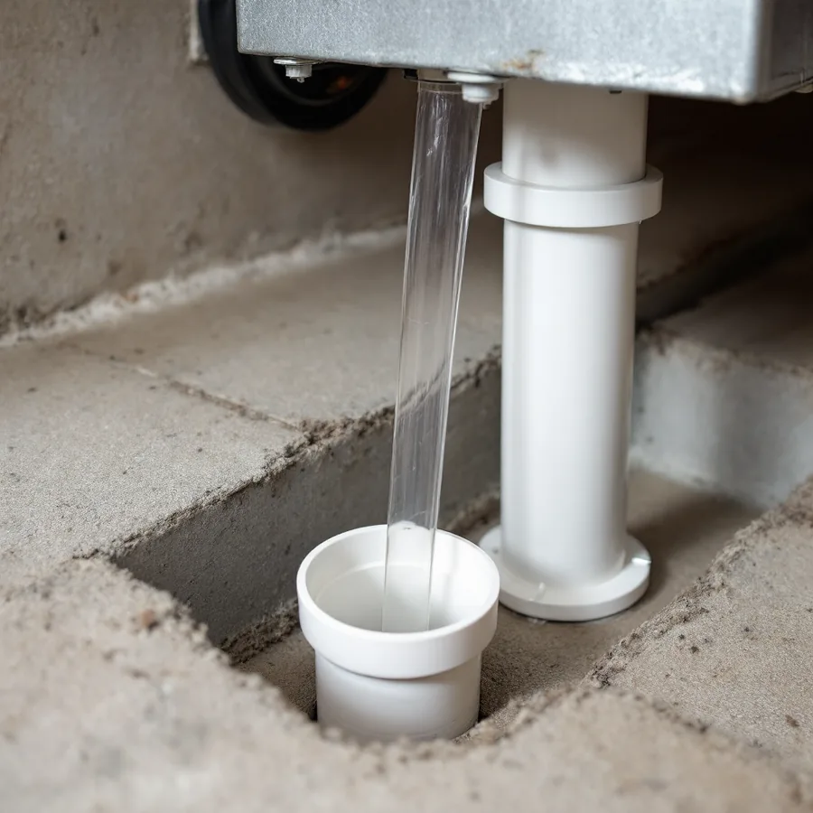 Thin clear plastic drain tube running from a box on a furnace duct down into a white PVC standpipe on a basement floor