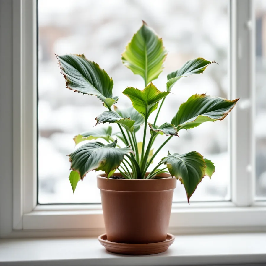 Potted houseplant on a winter windowsill with the tips and edges of its leaves crisped brown from dry indoor air
