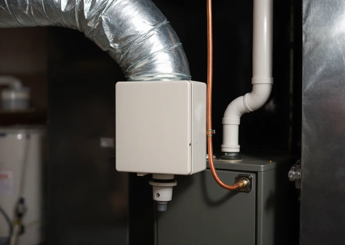Small plain rectangular humidifier box mounted on a galvanised supply duct beside
              a basement furnace, with a copper water line and a drain tube running from it