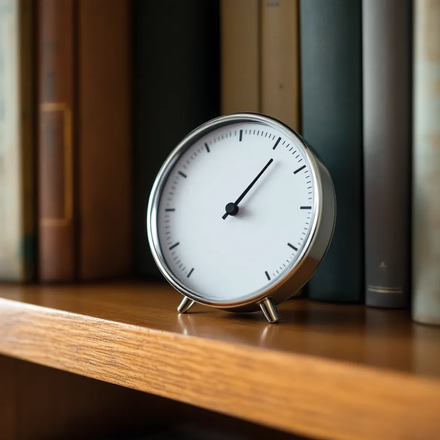 Small round analogue dial hygrometer with a single needle standing on a wooden bookshelf