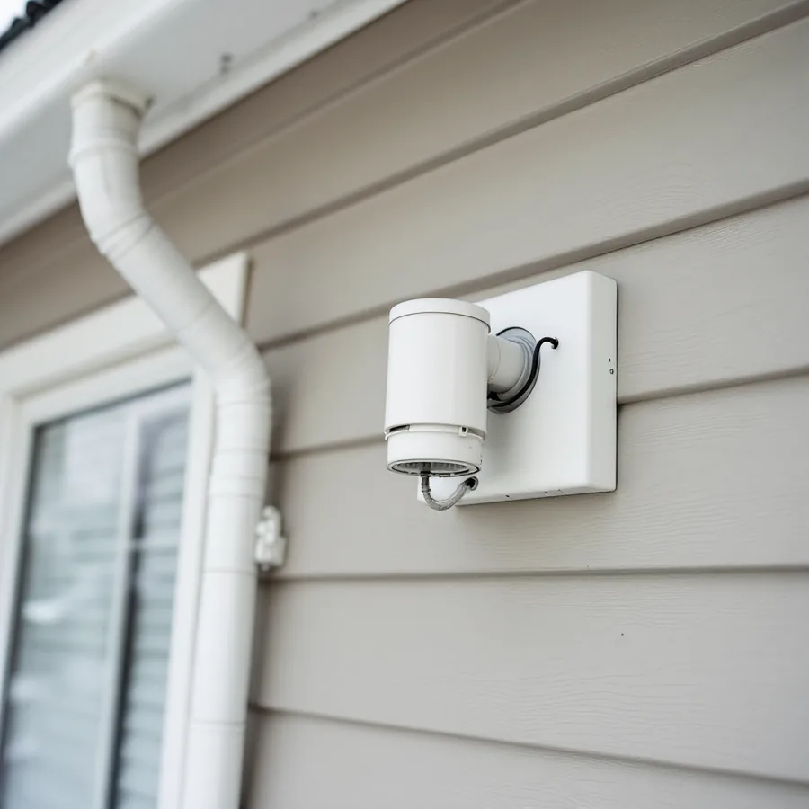 Small plain white vented sensor cylinder mounted on the exterior wall of a house beneath the eaves with a wire entering the siding