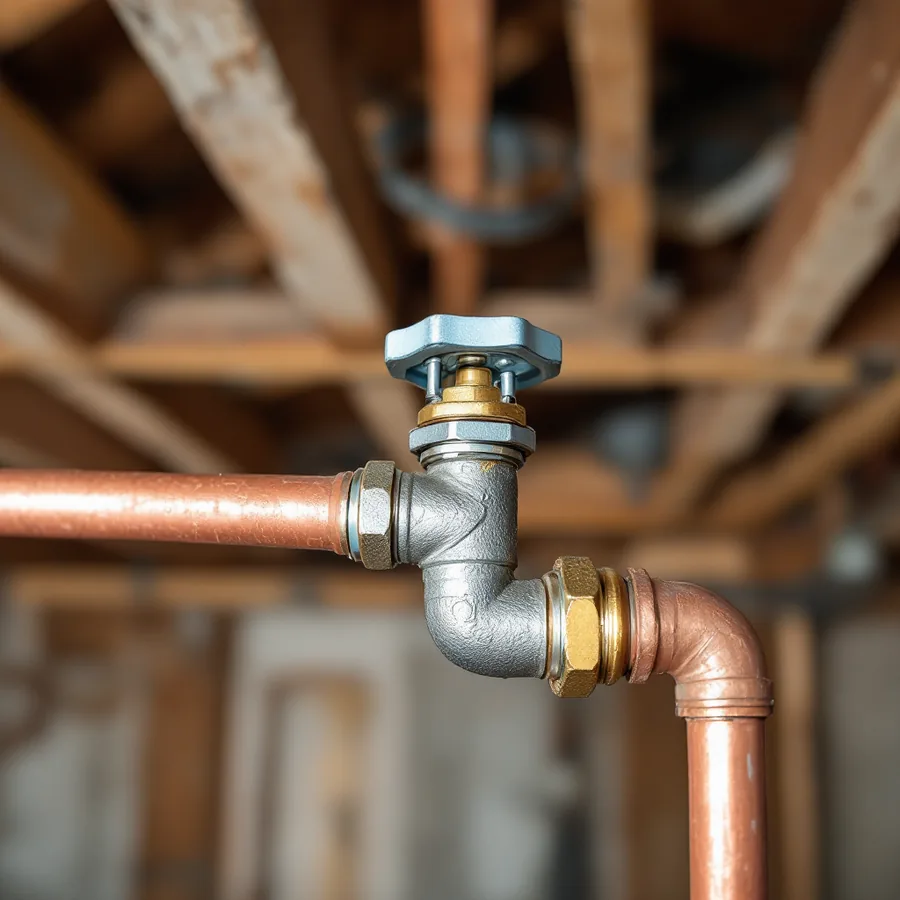Small brass valve tapped into a copper cold water pipe in a basement ceiling with a thin copper tube leaving it