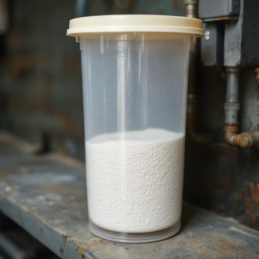 Translucent plastic steam humidifier canister with heavy white mineral scale built up inside it