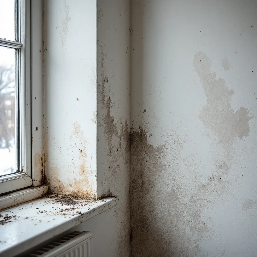 Dark mould spotting spreading across a painted wall in the corner of a bedroom beside a cold exterior window