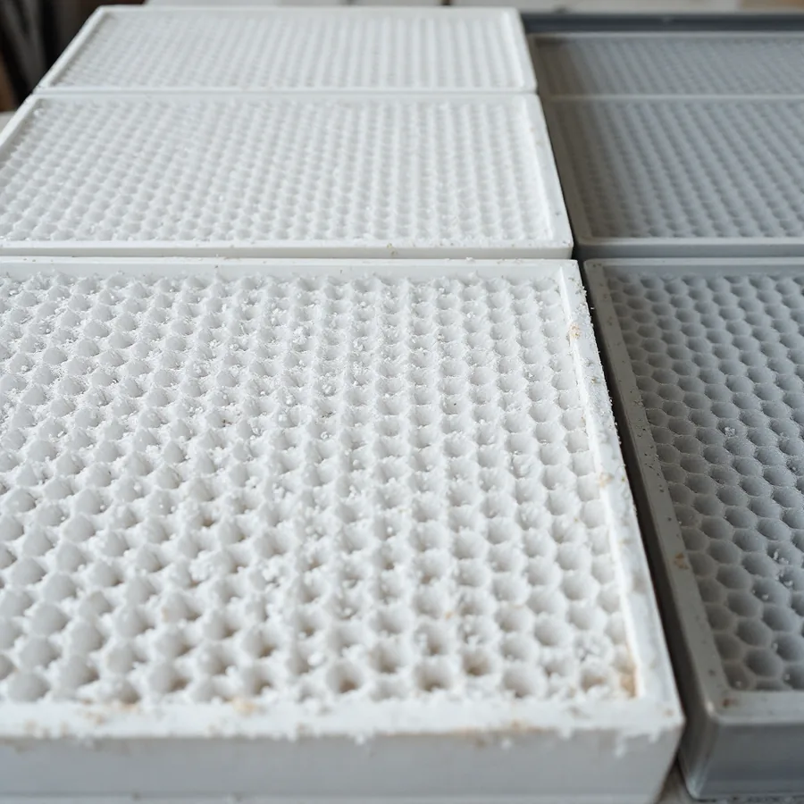Honeycomb evaporative water panel heavily crusted with white mineral scale lying next to a clean new panel
