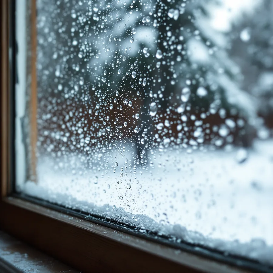 Heavy condensation and water droplets on the inside of a cold window pane on a winter morning with snow outside